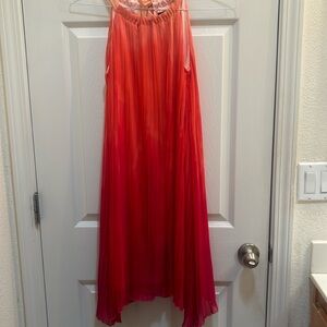 Flowy pleated ombre dress peach to orange color bow at neck Tulip hem pleated